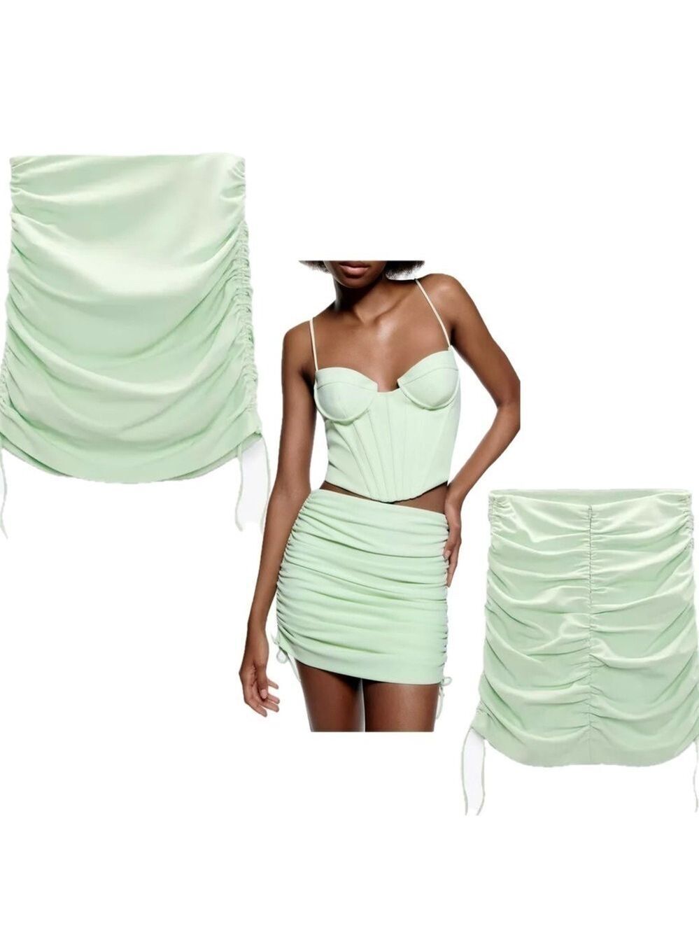 Zara light pastel mint green ruched gathered mini skirt side ties Sz S NWOT